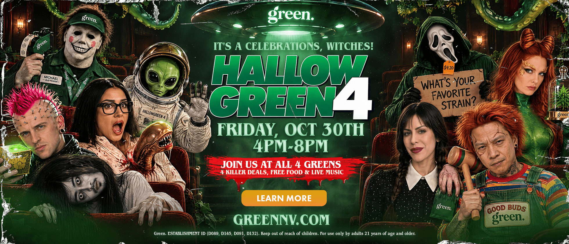 Vertical Hallow Green 4 Halloween poster. A movie-theater audience of costumed horror and sci-fi characters sits beneath a green UFO beam, with a red-haired plant villain holding a cannabis plant in a glass dome at center and a long-haired ghost girl crawling over the title. Text reads: “It’s a celebrations, witches! Hallow Green 4. 4 killer deals, free food and live music. Friday, Oct 30th, 4PM–8PM. Join us at all 4 locations. Learn more at greennv.com